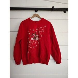 VTG Sweatshirt Red Size Small Medium Snowman Tree Holiday Print Crewneck 90s